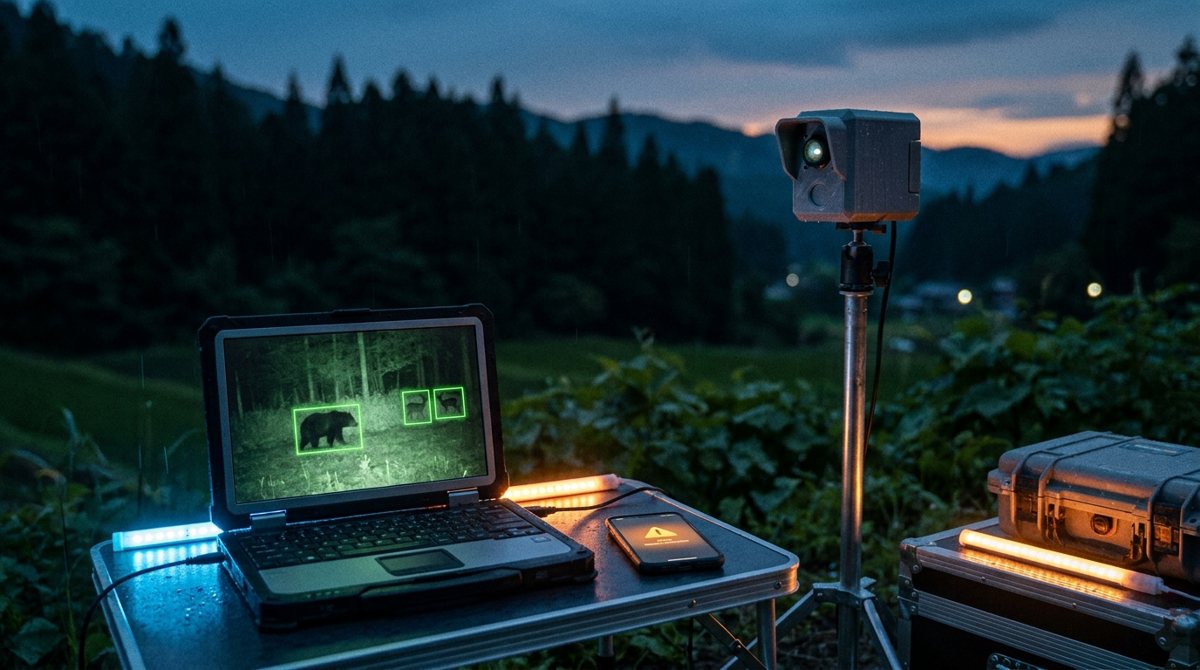 AIカメラがクマやシカを検知し、画面上に検知枠を表示してスマートフォンへ通知するイメージ