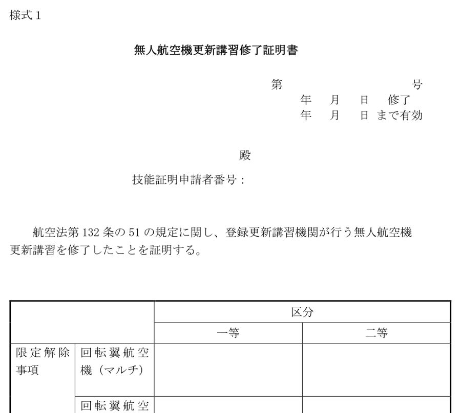 無人航空機更新講習修了証明書の様式（登録更新講習機関ガイドライン様式1）