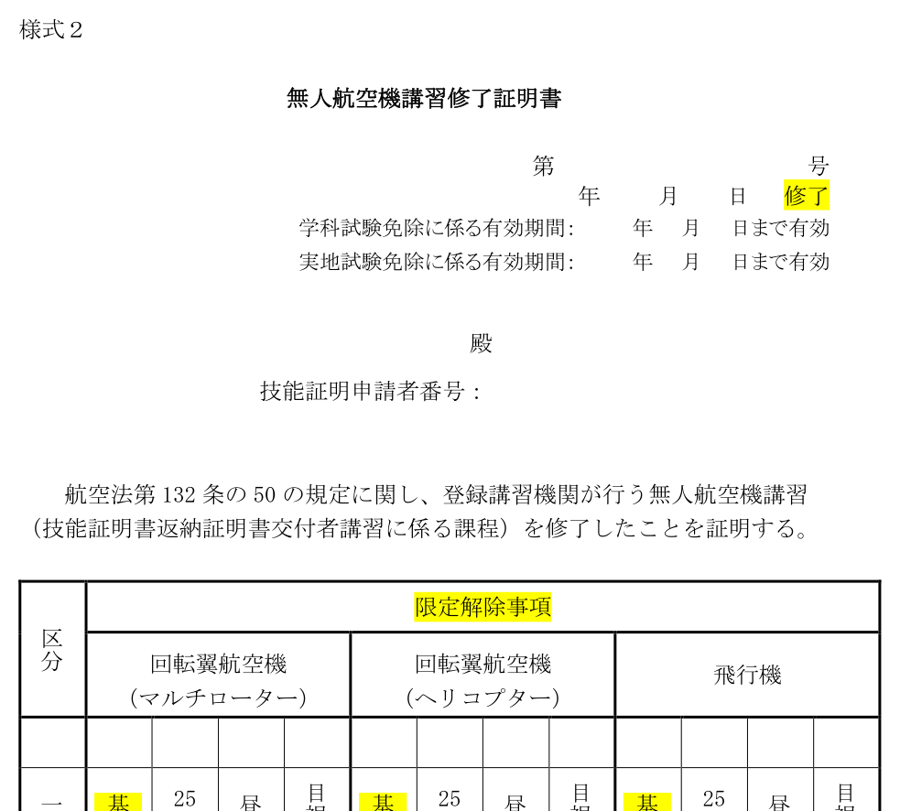 返納者講習の修了証明書の様式（登録講習機関ガイドライン様式2）