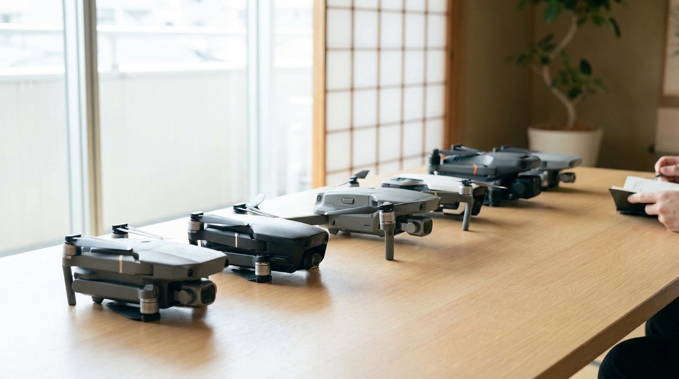 複数のドローンを並べて比較するイメージ