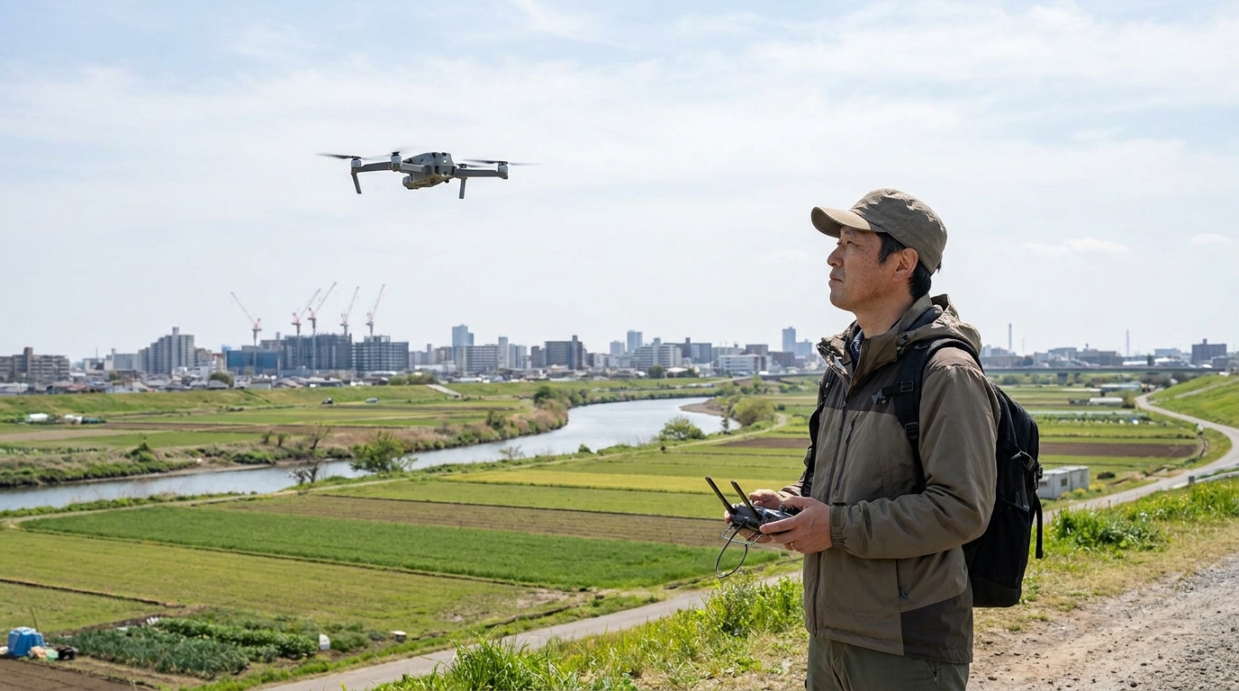 埼玉の田園と都市部の上空を飛ぶドローンのイメージ